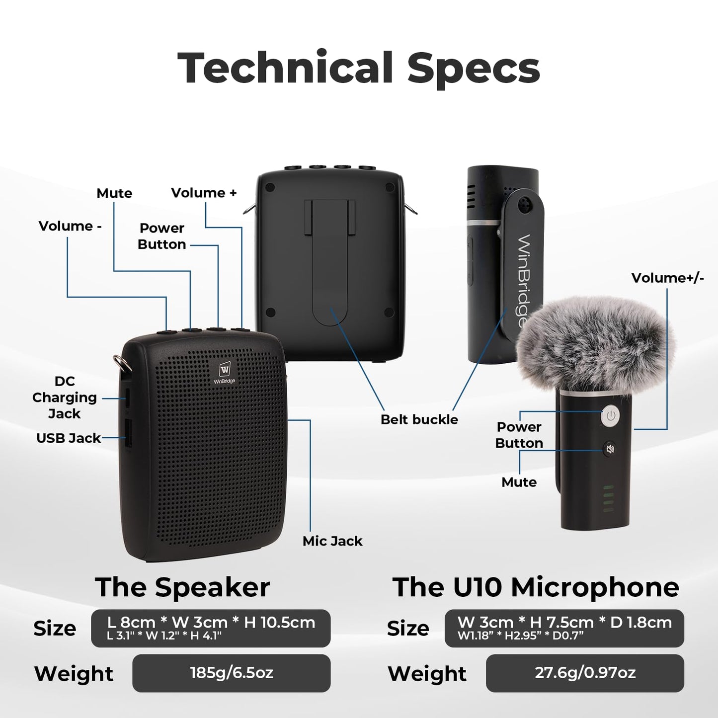 WinBridge Wireless Voice Amplifier with Bluetooth Lapel Microphone for Teaching, Classroom Lecturing, ABS 49ft, 12-15H Portable Personal Mini Amp Lavalier Mic Speaker for Teachers - WB006