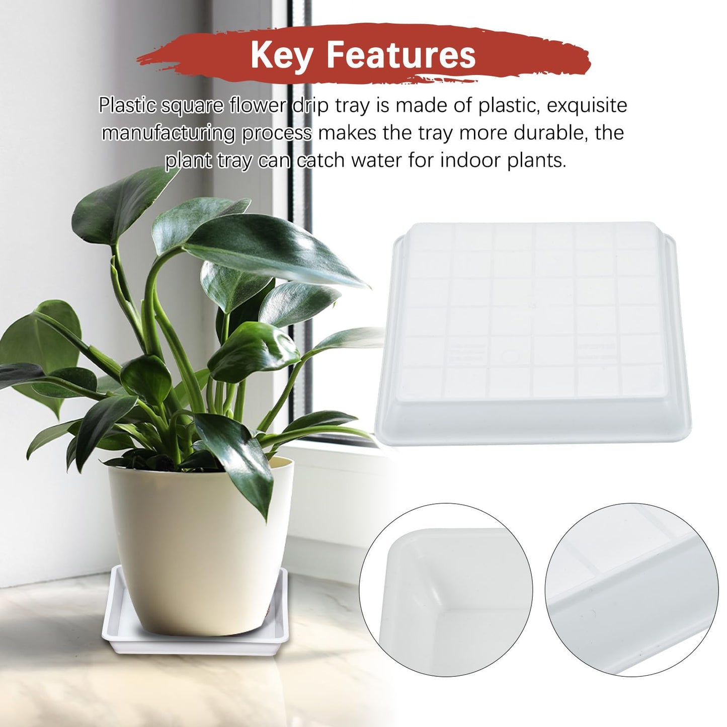 TIXIPEM 7IN Plant Pot Saucer [4PCS] - Square Flower Drip Tray Use for Indoor Outdoor Courtyard Garden Potted Water Drips and Soil - [White] Plastic Flower Pot Trays