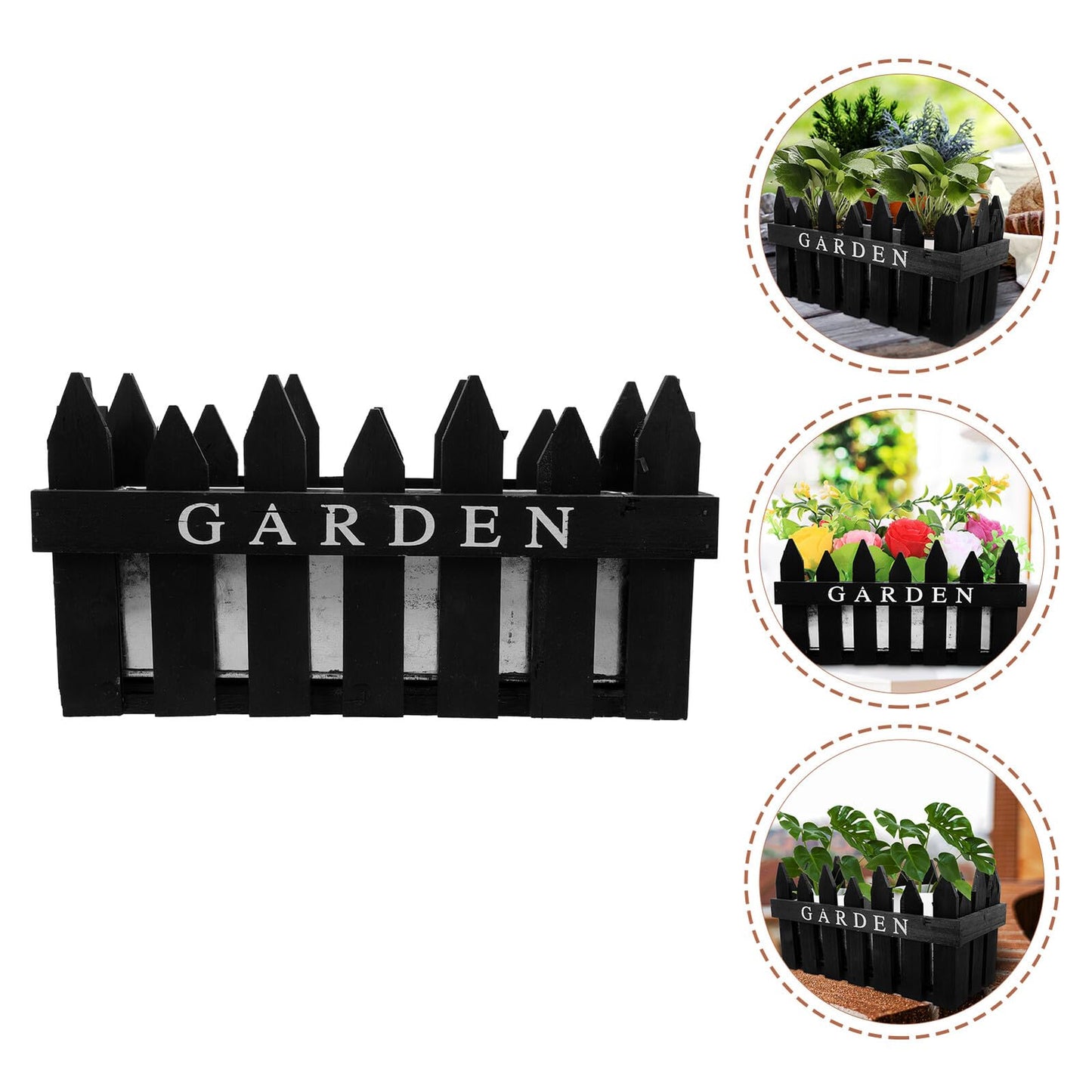 BESTonZON Wood Fence Flowerpot Planter with Fence Design, Rectangular Black Wood Plant Pot for Balcony and Outdoor Garden Decoration, Rustic Pastoral Style Flower Box