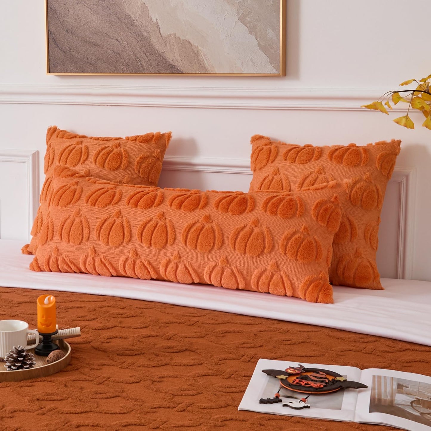 UGASA Fall Pumpkins 14x36 Inch Pillow Cover Pack of 1 Soft Plush Faux Wool Fur Large Long Rectangle Lumbar Cushion Cover Autumn Halloween Home Decor for Couch Sofa Chair Bed, Orange