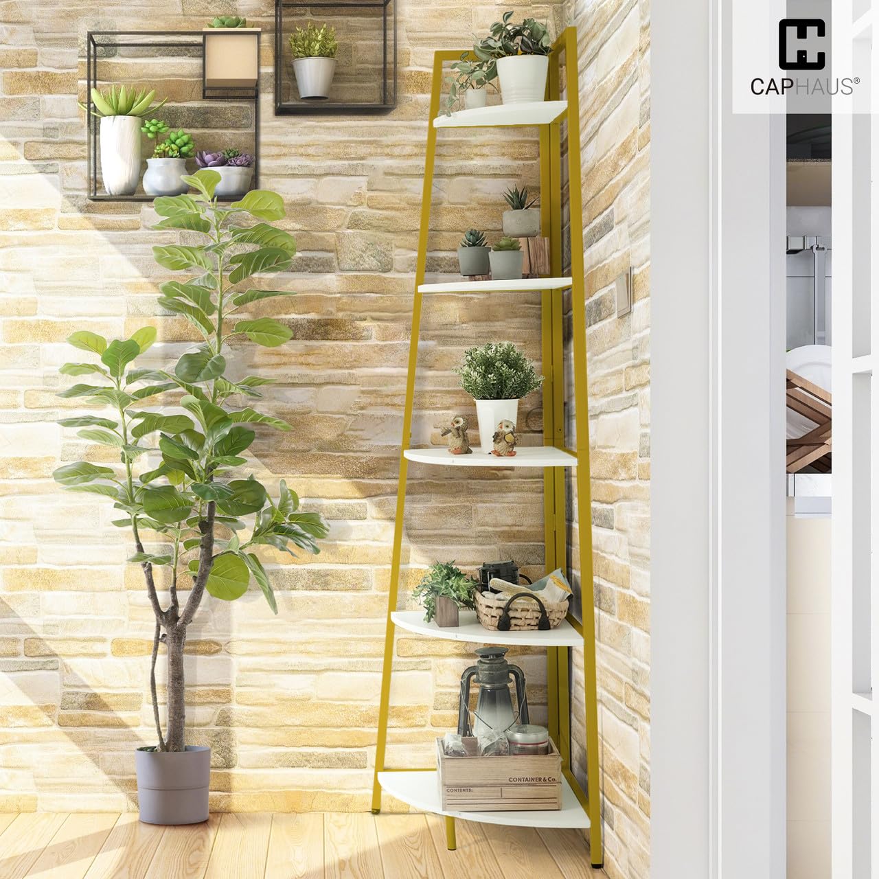 CAPHAUS Tall Corner Shelf Stand, 5-Tier Display Shelves, Ladder Corner Wood Storage Plant Bookshelf with Metal Frame, Versatile Shelving Unit Bookcase for Home Office Space, Gold