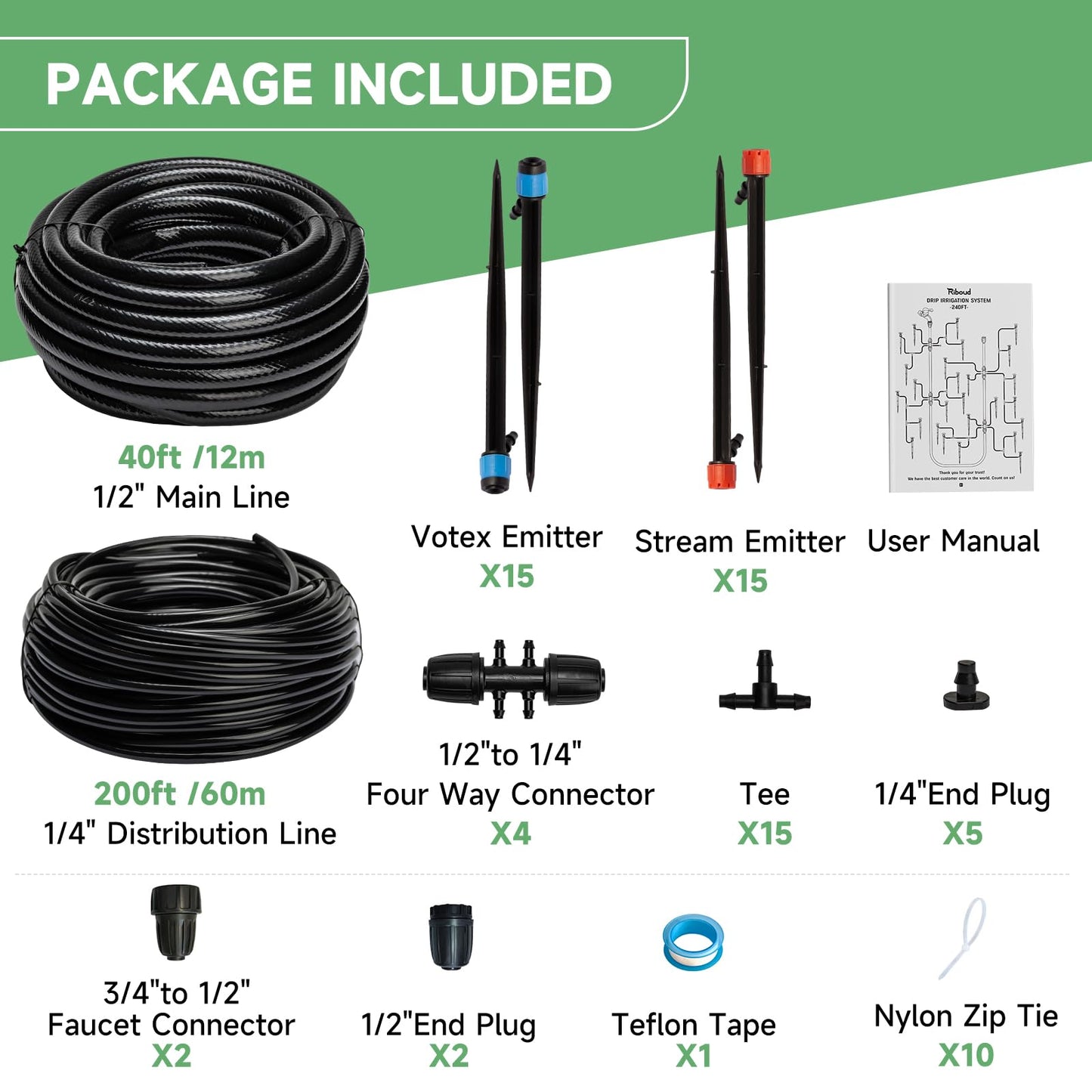 Riboud 240FT Drip Irrigation System Kit, Automatic Garden Watering System for Plant, Greenhouse, Yard, Lawn, with 1/2 inch 1/4 inch Irrigation Tubing Hose and Accessories