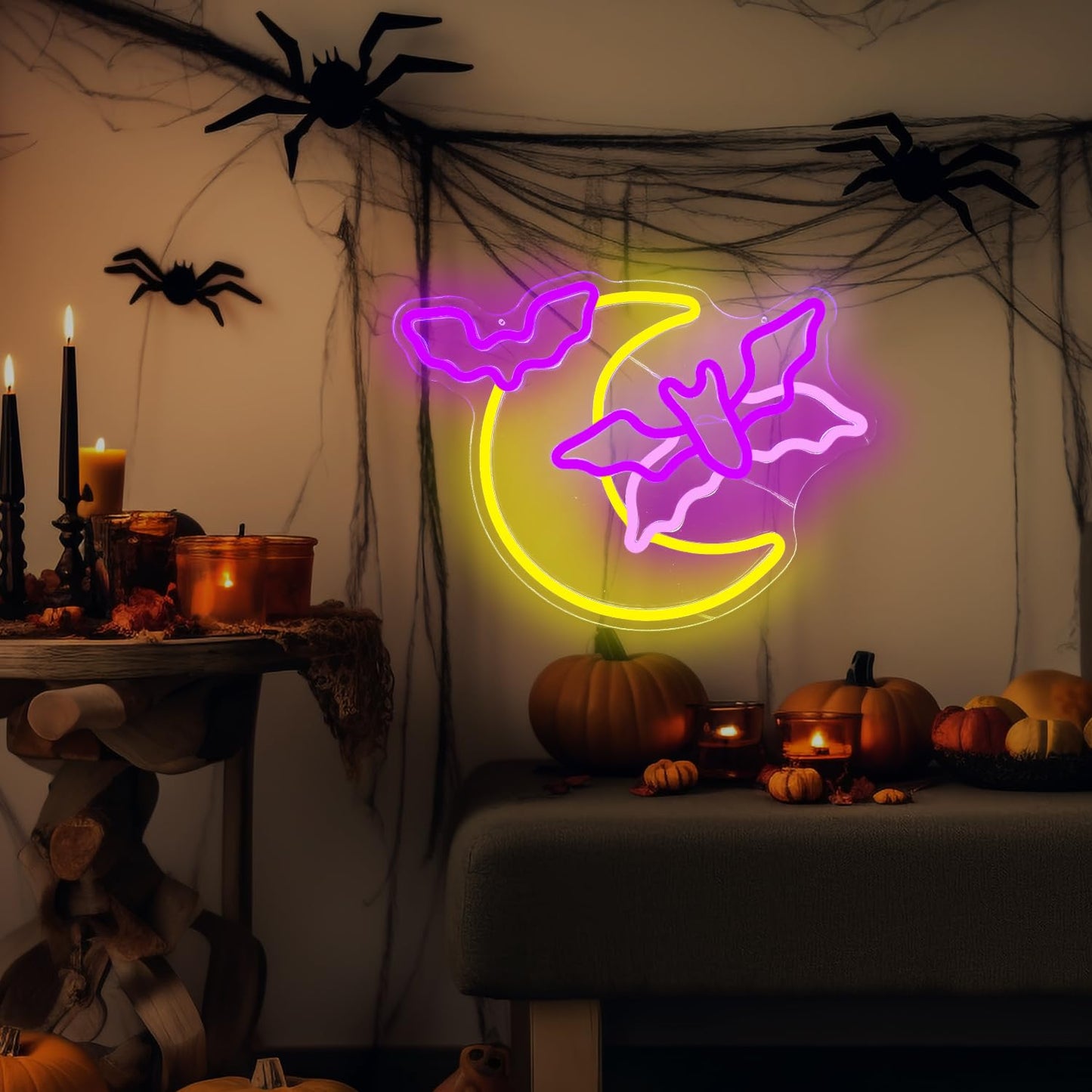 Halloween Neon Sign Moon Flying Neon Bat Sign Led Halloween Decorations Halloween Flying Bat Lights Halloween Led Sign Gothic Neon Sign for Halloween Party Wall Decor Window