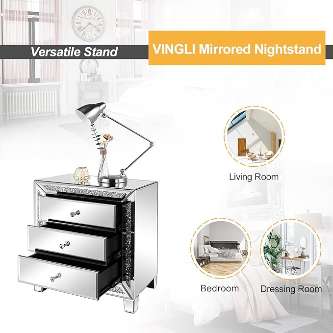 VINGLI Mirrored Nightstands Set of 2, Modern Bedside Table 3 Drawer Glass Side