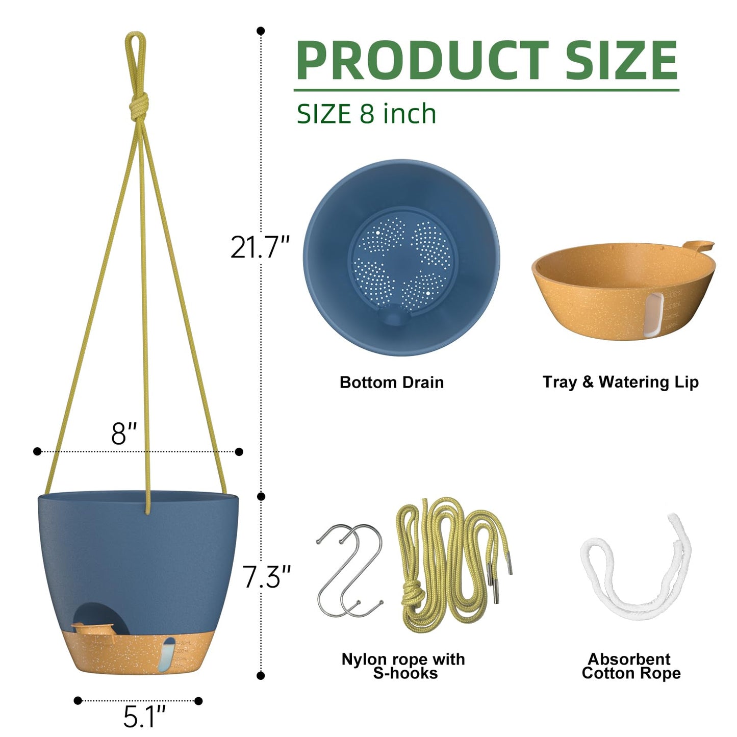 ZMTECH Hanging Planter 8 Inch, 2 Pack Hanging Baskets for Plants Indoor, Hanging Flower Pots with Drainage Hole, Visual Reservoir & Plant Hangers for Outdoor Garden Home Decor