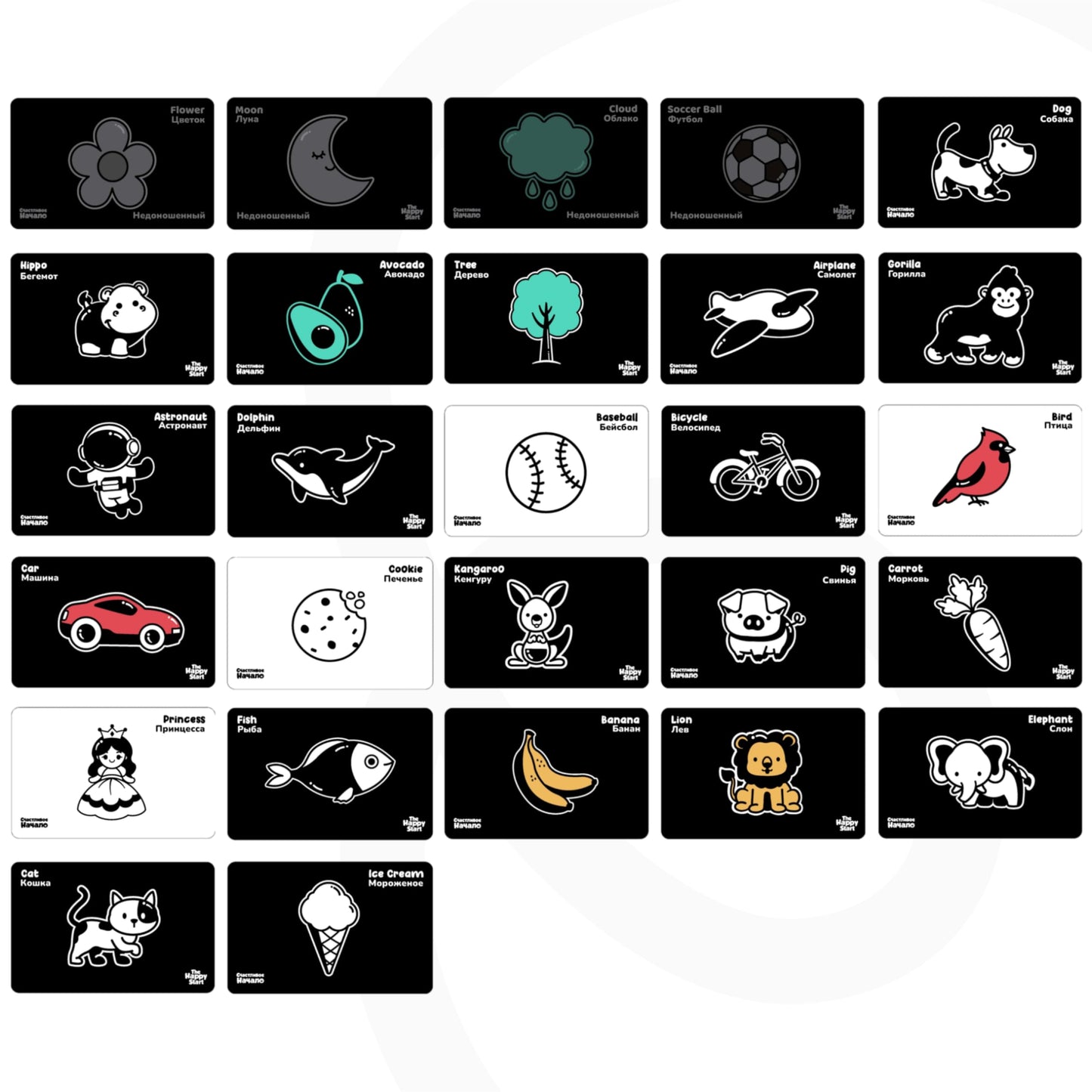 Happy Start High Contrast Baby Cards for Newborns - Black & White Cards, Water-Resistant, BPA-Free, Portable Educational Flashcards for Visual Stimulation, Award-Winning, Ages 0+ (English & Russian)