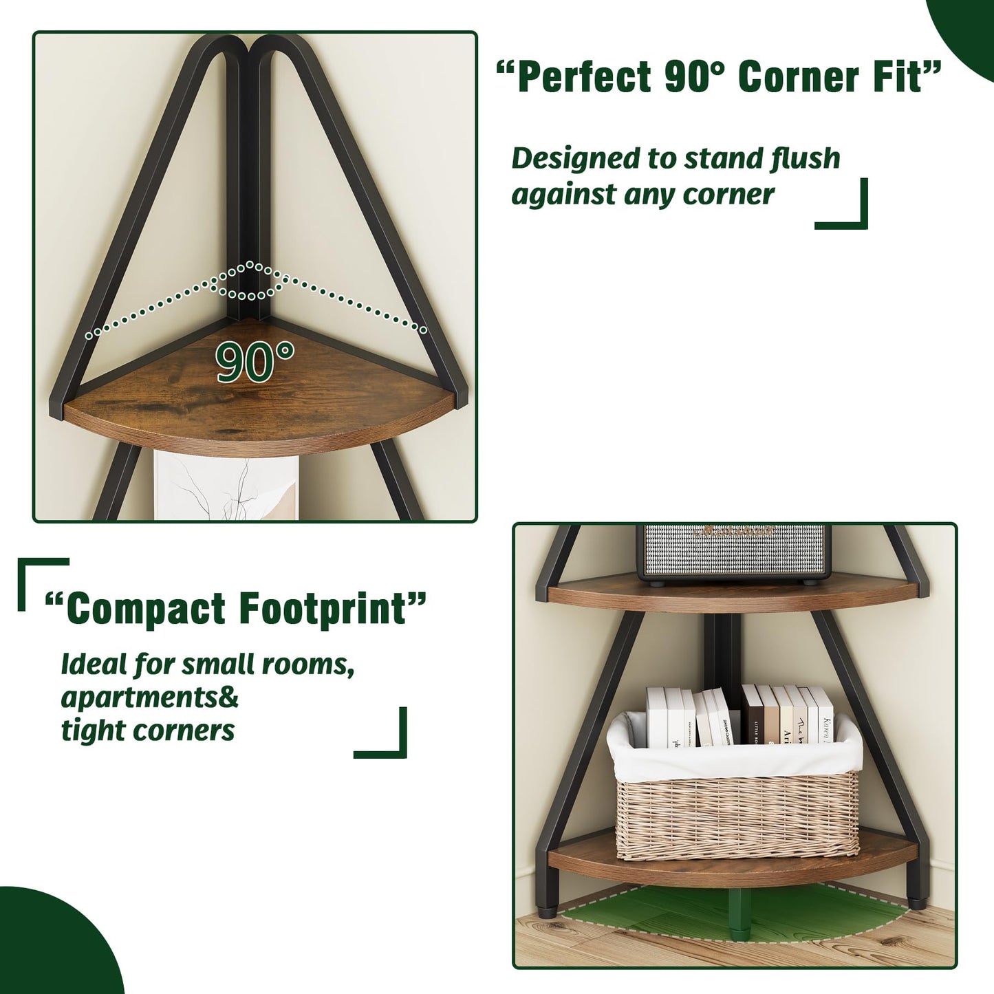 Espelism 4-Tier Corner Shelf Stand, 53.1” Tall Industrial Standing Display Shelf Storage Rack,Narrow Plant Stand,Tree Design Corner Bookshelf for Living Room, Bedroom, Office (Brown, 4-Tier)
