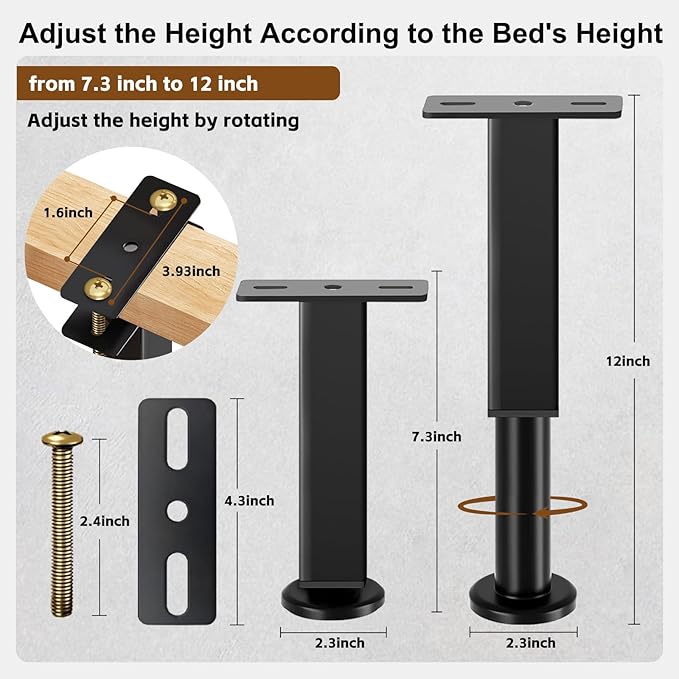 Bed Support Legs, 7.3-12 in Heavy Duty Metal Furniture Feet