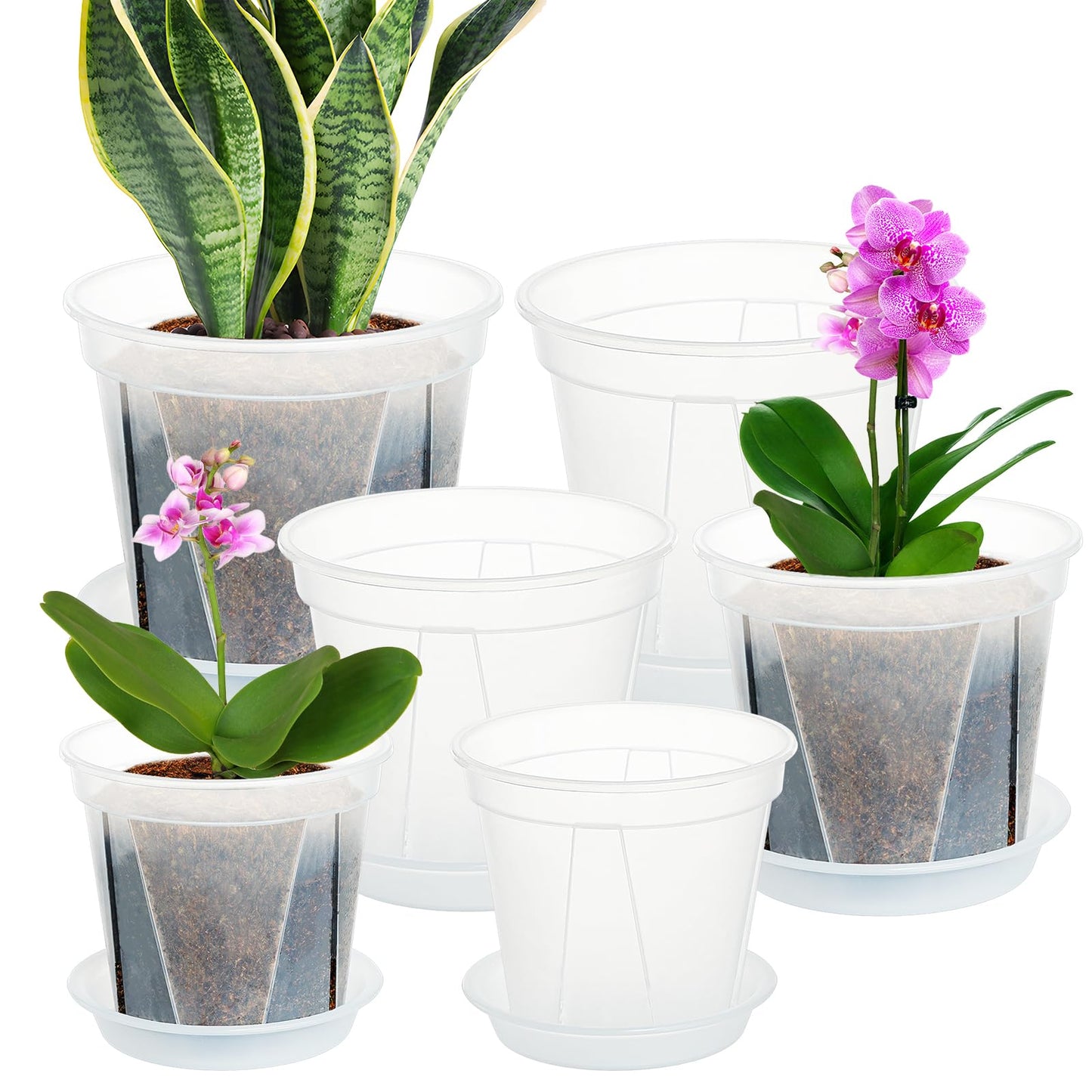 IWNTWY Plant Pots 7/6/4.7 Inch Set of 6, Clear Plastic Nursery Pots with Drainage Holes and Saucers, Flowers Planter Pots for Indoor Outdoor Plants (Variety Size, Clear)