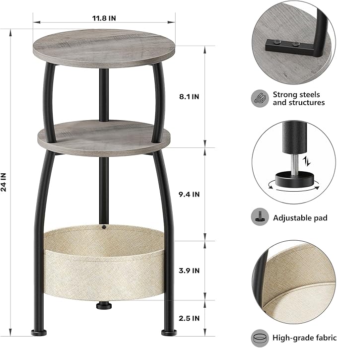 Round Side Table with Storage Basket –Small Space Saving End Table 3-Tier