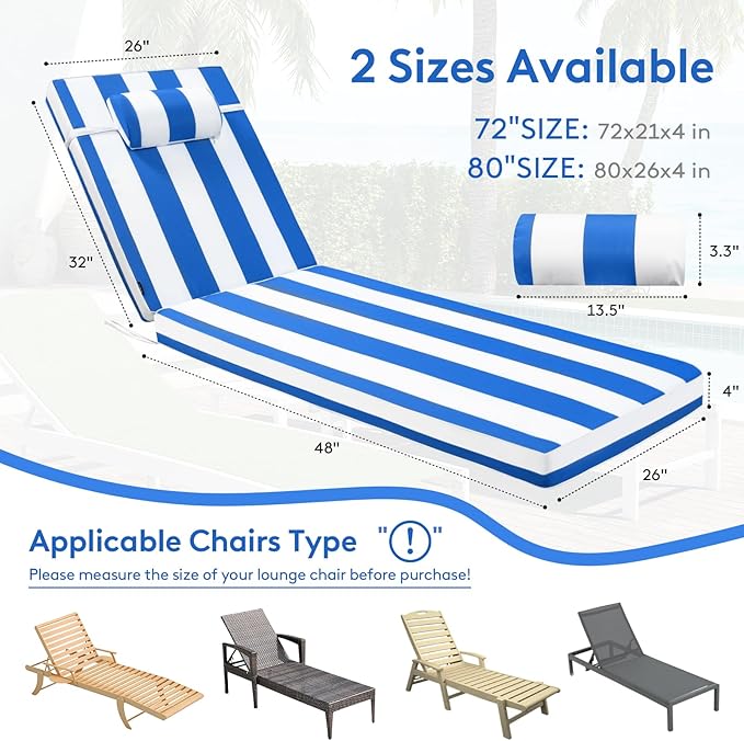 Chaise Lounge Cushion for Outdoor Furniture, Waterproof, Fade-Resistant and