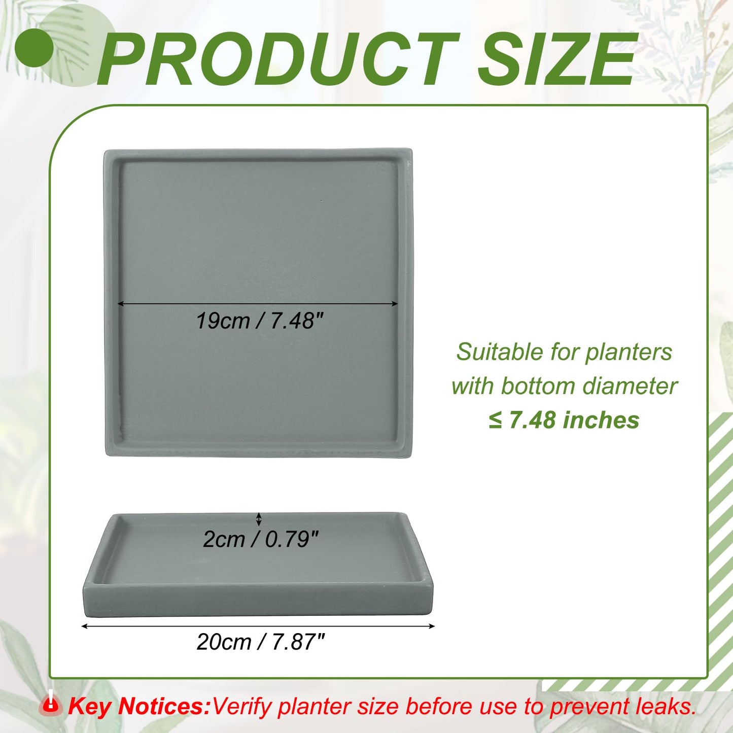 YELARXI 7.5 Inch Ceramic Plant Saucers, Square Flower Planter Water Trays Ceramic Plant Saucer Pot Tray -Fitting for (Outdoor/Indoors/Garden/Planting/Water/Flower/Coffee) Dark Gray