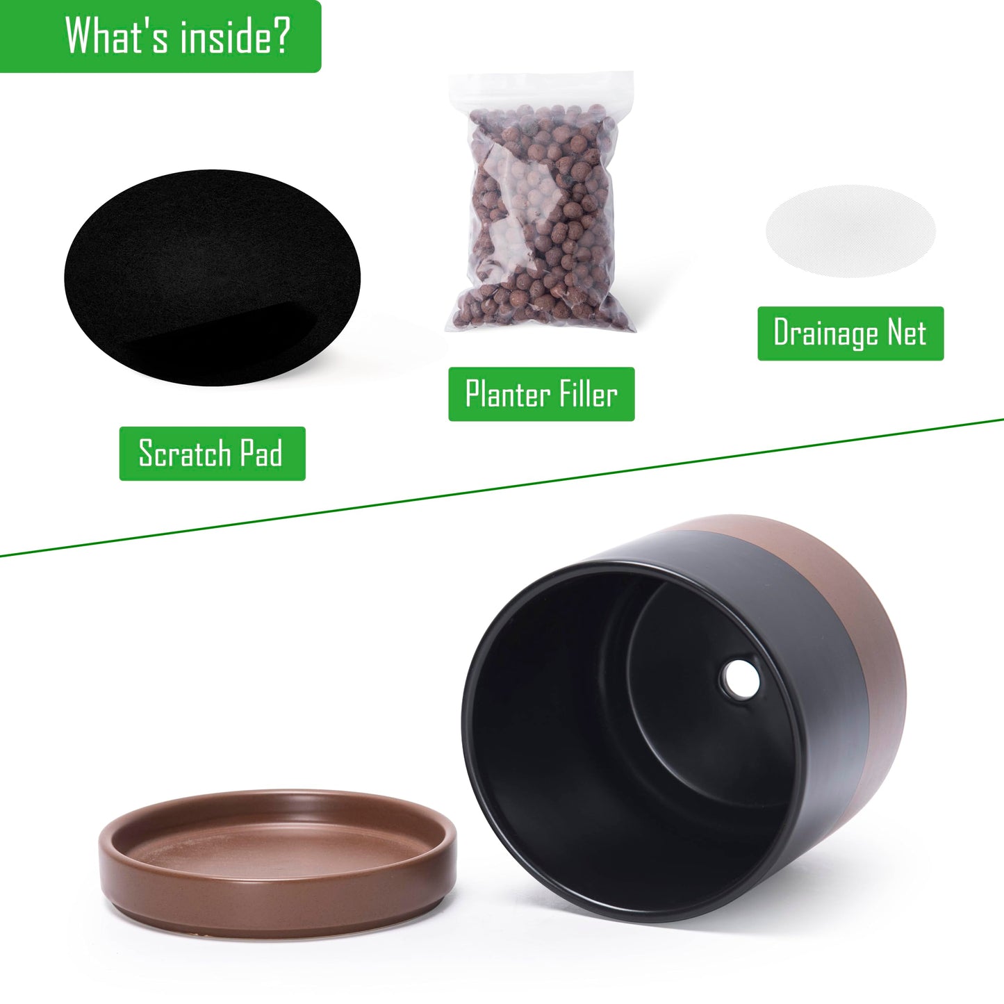 D'vine Dev Set of 2 Plants Pots, 6 Inch Ceramic Planter Pot for Plants with Drainage Hole and Saucer, Black/Speckled Tan, 94-V-C-7