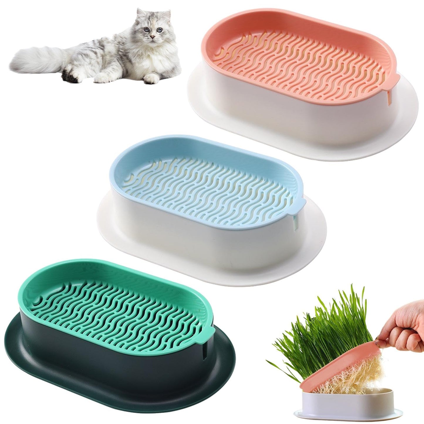 Londehuhai 3pcs Cat Grass Planter, Plastic Catnip Cat Grass Box Wheatgrass Planting Trays Hydroponic Ca-t Gras-s Growing Kits Nursery Ca-t Plant Garden Pots for Indoor/Outdoor Use(Color:3)