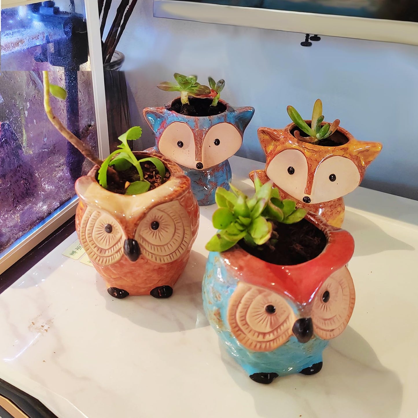 GZQCI 4 Pack Succulent Pots, Ceramic Flower Planter Pot, Small Animal Succulent Planters, Cute Cactus Flower Pot Garden Planters, Spring Gift, Office Home Decoration