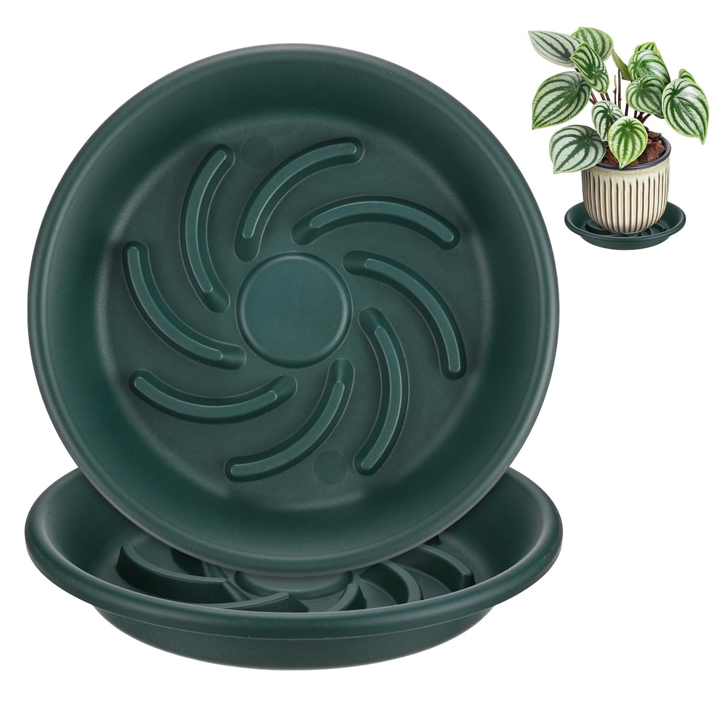 M METERXITY 2-Pack Plant Saucers, 7.3 Inch ID Anti-Rot Root Resin Flower Pot Plant Saucers for Indoor/Outdoor, Flowerpot Drip Tray [9.4 Inch OD, Dark Green]