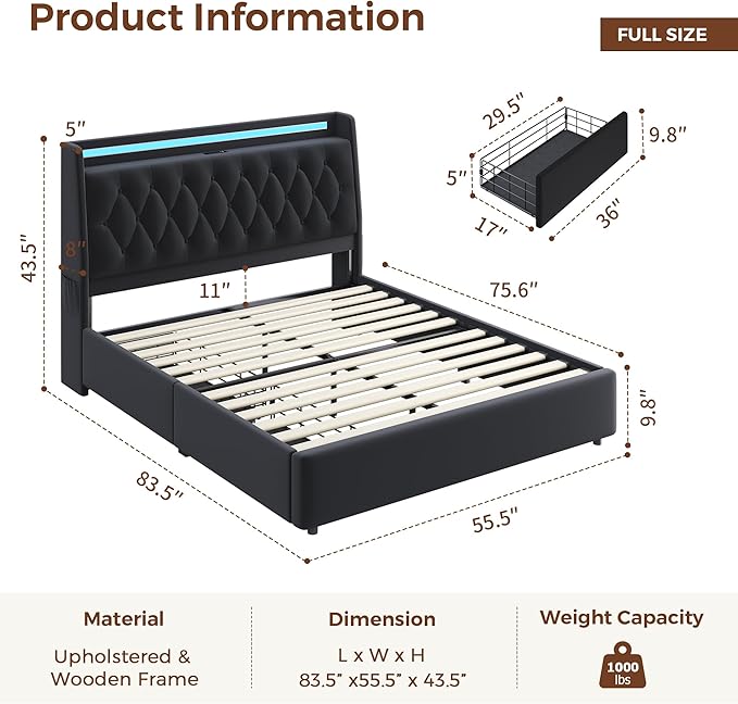 Full LED Velvet Bed Frame with 2 Storage Drawers&Hidden Headboard, Upholstered