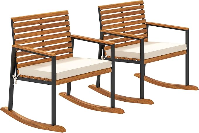 Outsunny Outdoor Rocking Chair Set of 2, Acacia Wood Outdoor Rockers