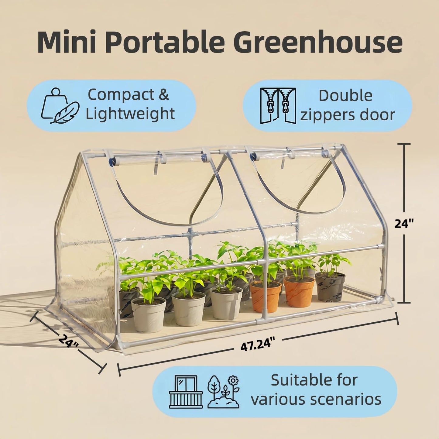 GreenGiggle Portable Mini Greenhouse, 47"x24"x24" Greenhouses for Outdoors with PVC Cover and Dual Zipper Doors,Green House Cover for Raised Garden Bed,Garden Bed Cover for Plants Outdoor