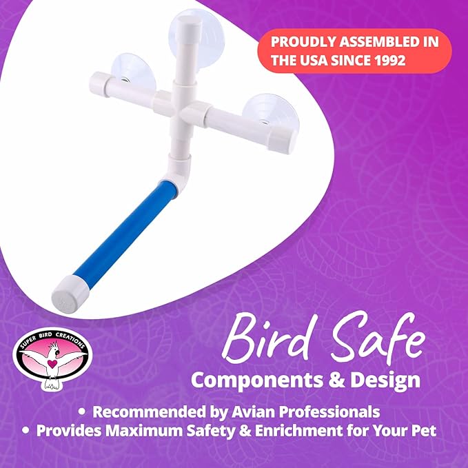 Super Bird Creations - SB126 Fold-Away Shower Window Perch - Ringnecks Medium Conures Parrots- Multi-Functional Bird Stand w/Heavy Duty Suction Cups - Stimulating Bird Toys for Large & Medium Birds