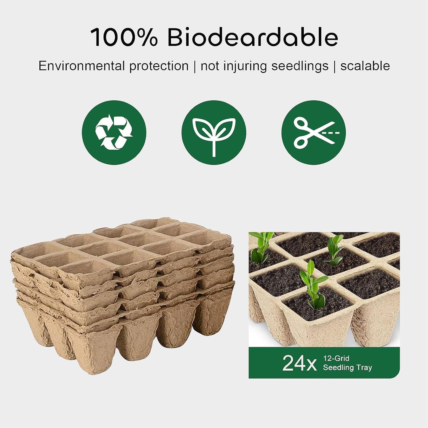 GROWNEER 288 Cells Peat Pots Seed Starter Trays 24 Packs Biodegradable Seedling Pots Germination Trays Organic Plant Starter Kit with 15 Pcs Plant Labels