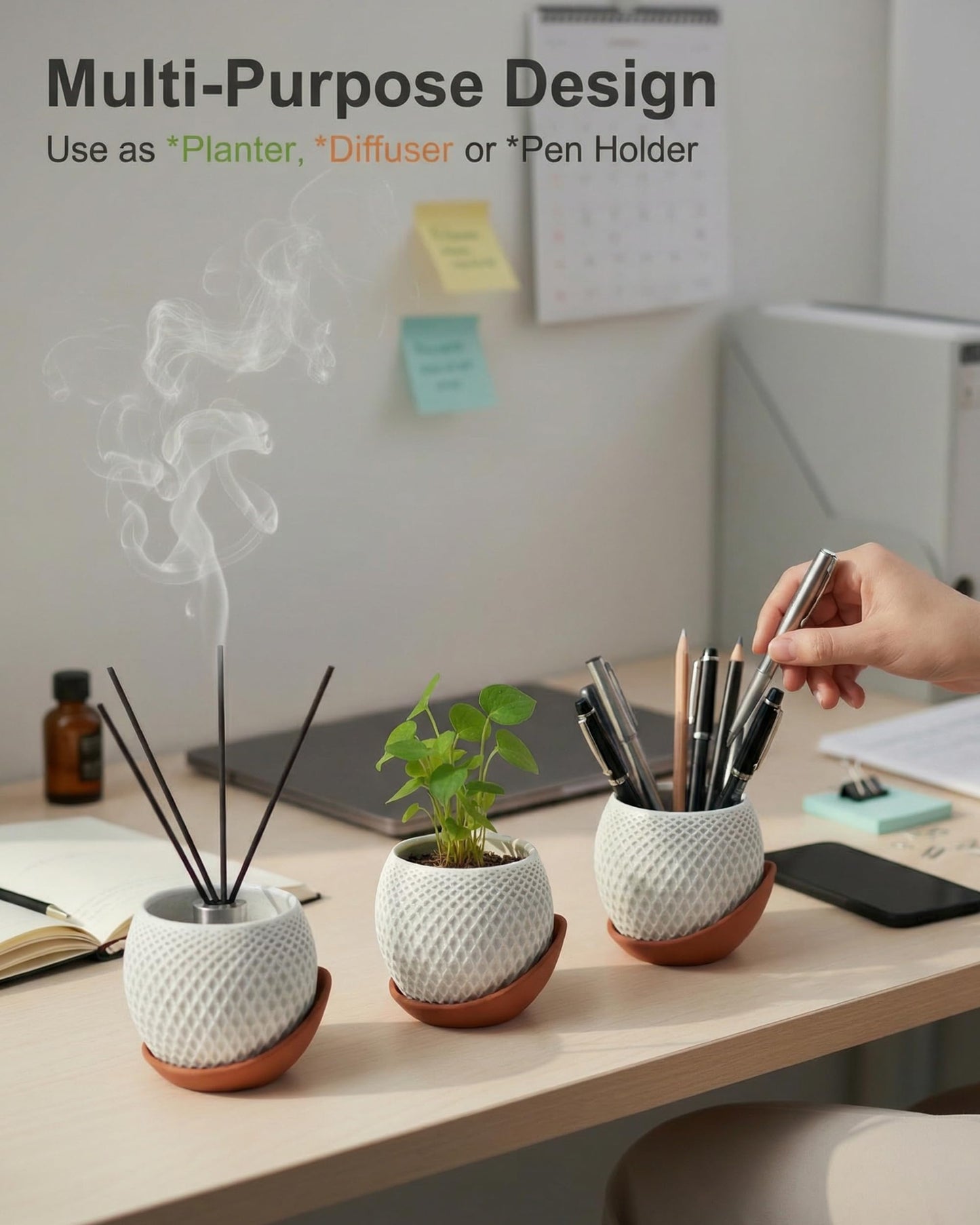 CODIAO Small Plant Pots Indoor with Drainage & Saucer (4 Inch) - Cute 3D Printed Geometric Planter - Modern White Pot for Succulents Cactus - Unique Desk Decor & Gardening Gift (Terra Cotta Base)