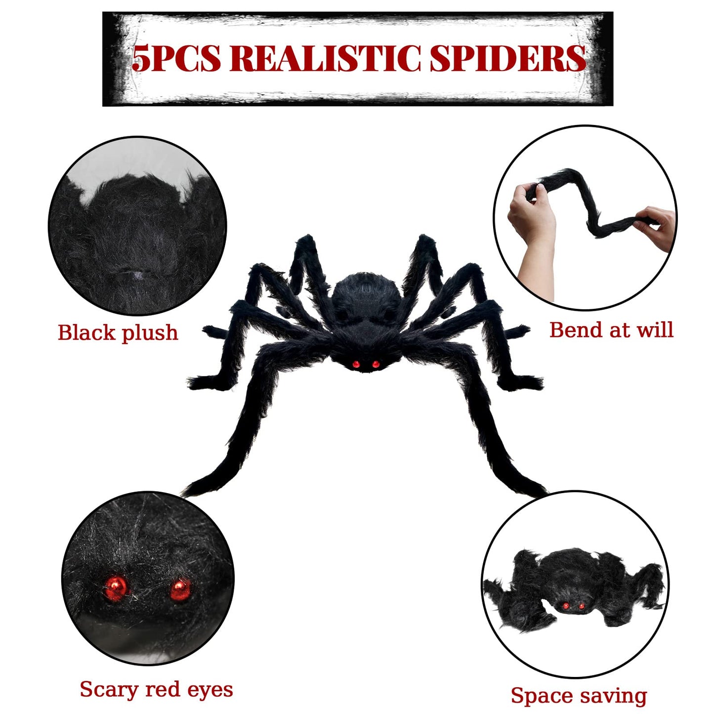 CH HAICHENG 5 Pcs Halloween Spiders Decorations, Realistic Spiders Halloween Decor Indoor Outdoor