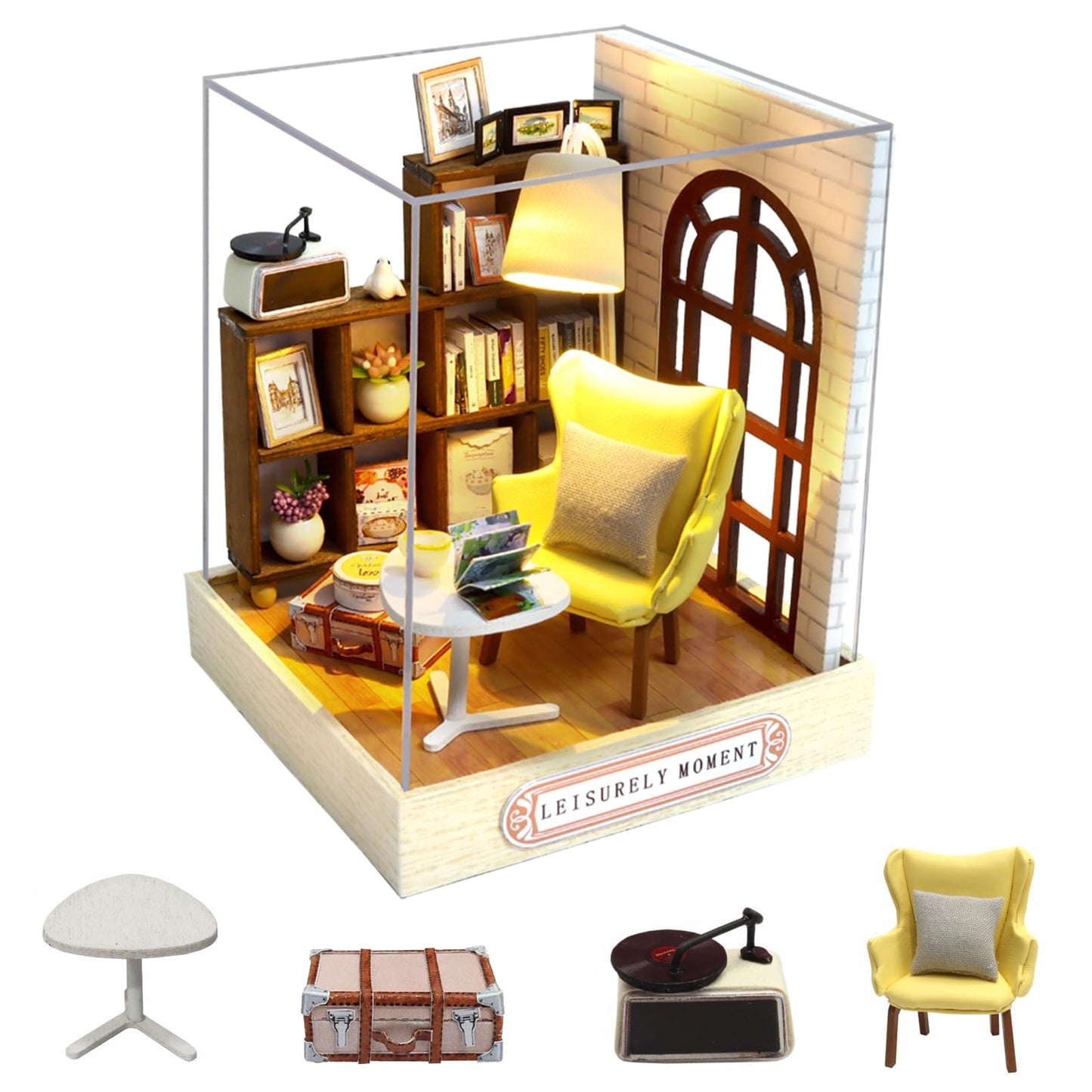 CUTEROOM DIY Doll House Miniature Furniture Wooden House Kit with Dust Cover & LED Light and Accessories-Leisure Moment