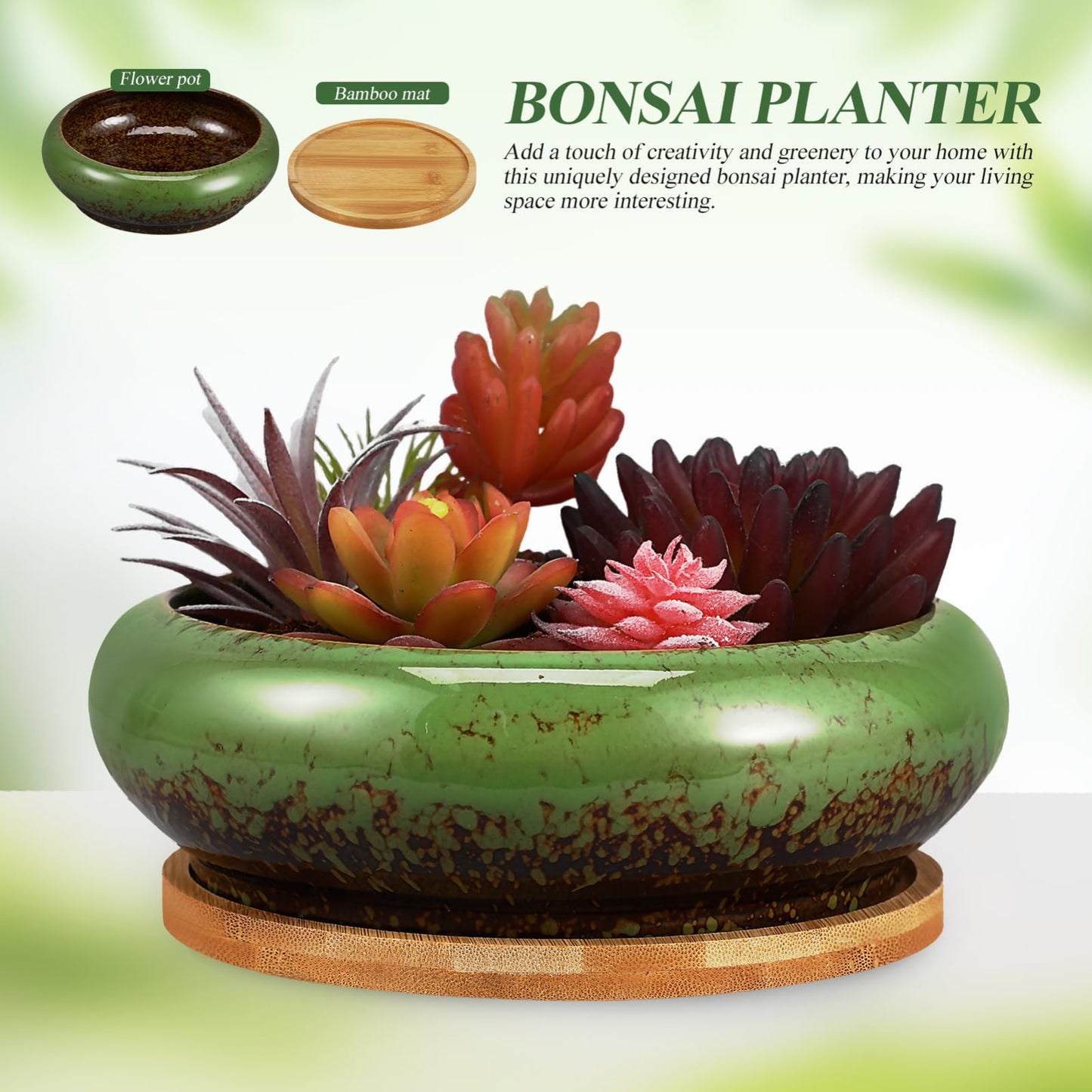 Kisangel Succulent Planters Ceramic Lotus Bowl 7.08 Inch with Drainage Hole and Tray Indoor Bonsai Pot for Cactus and Flower Plant Container Home Garden Decor