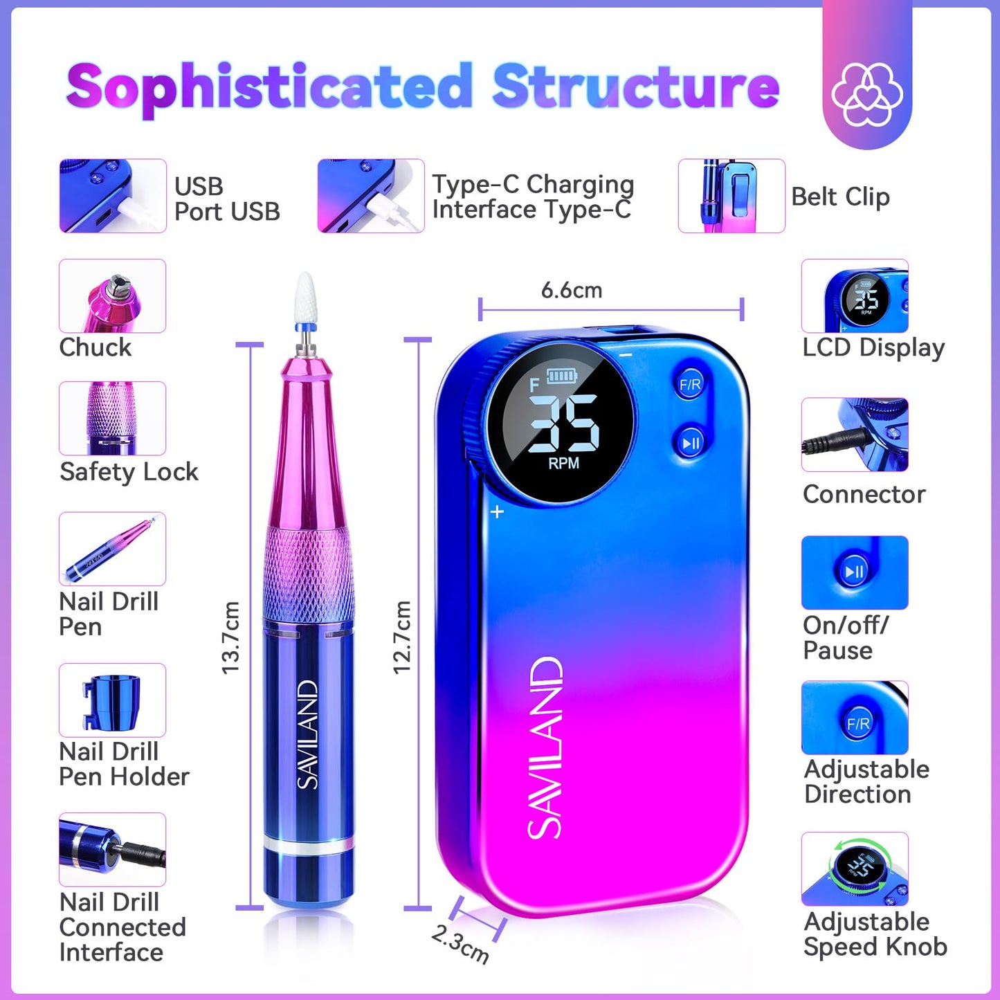 SAVILAND Electric Nail Drill Professional: 40000RPM Upgrad Nail Drill Kit 2025 Beautiful Gradient Sunset Color Scheme Nail D rill Machine Portable Nail File & Buffers Salon Use Manicure Pedicure