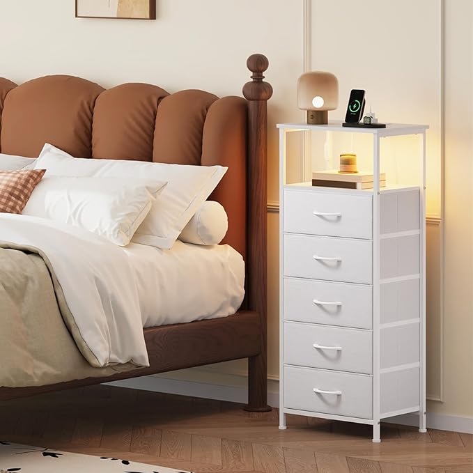 Somdot White Nightstand with Charging Station and LED Light