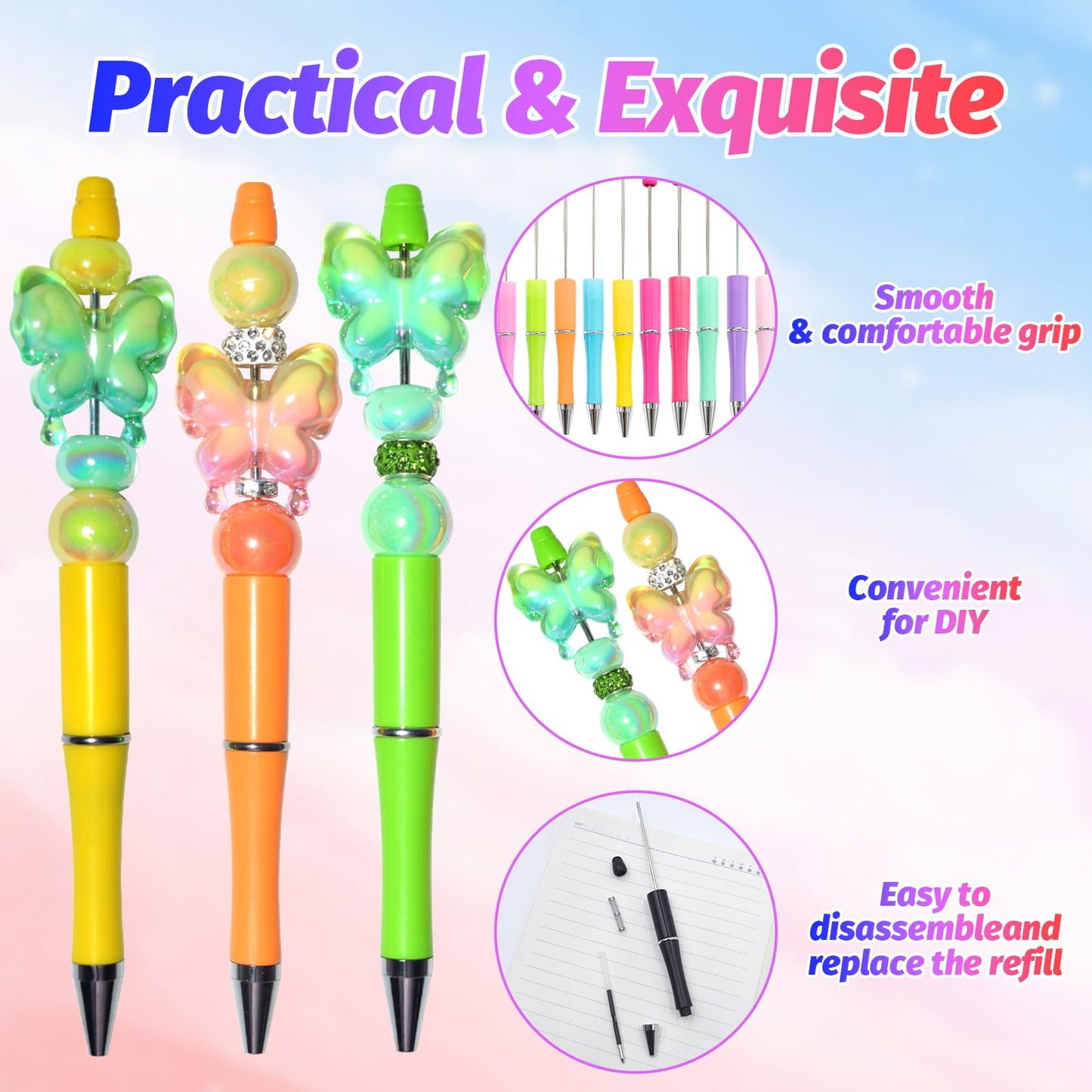 DASTTUIS 150 Pieces DIY Beadable Pen Kit – 50 Plastic Ballpoint Pens with Refills & Bags – School Supplies, Office Accessories & Decorative Items for Students & Teachers （Sweet）