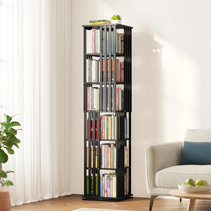 SpaceAid 6 Tier Rotating Bookshelf Tower, Bamboo Spinning Book Shelf, Revolving