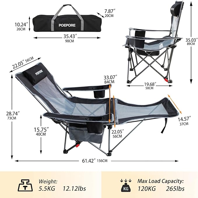 Reclining Camping Chair with Removable Footrest Lounge Chair with Headrest