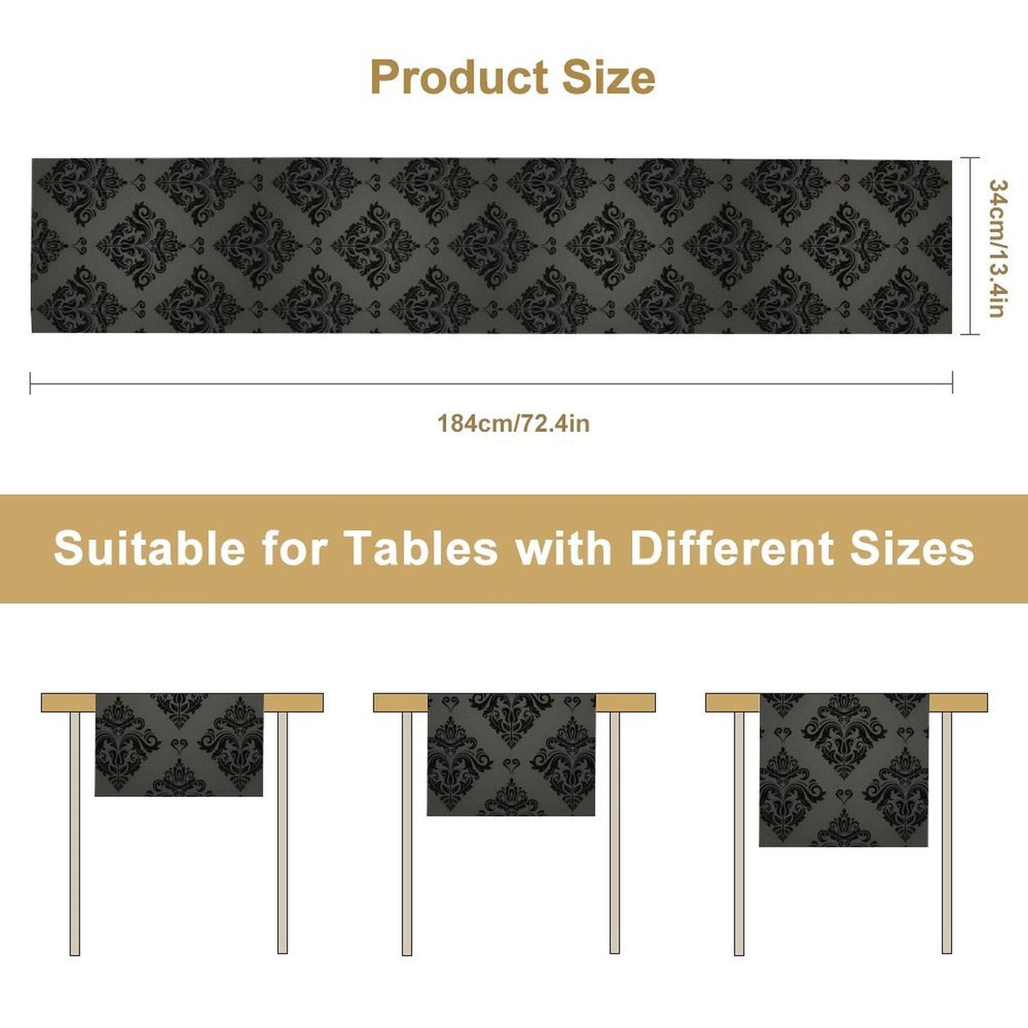 Halloween Table Runner, Classic Black Damask Print Table Runner for Holiday Party Kitchen Dining Decor, 13x70 Inch