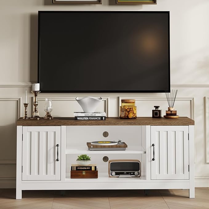 ChooChoo Farmhouse TV Stand, Wood Fluted Door Entertainment Center