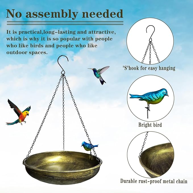 TIANCENTRAL H Hanging Bird Bath for Outdoor-11.4 Inch Bird Baths for Backyard Metal Bird Bath Bowl Outdoor Window Birds Feeder with 17”Rust-Proof Black Chains for Garden Yard and Patio Decor