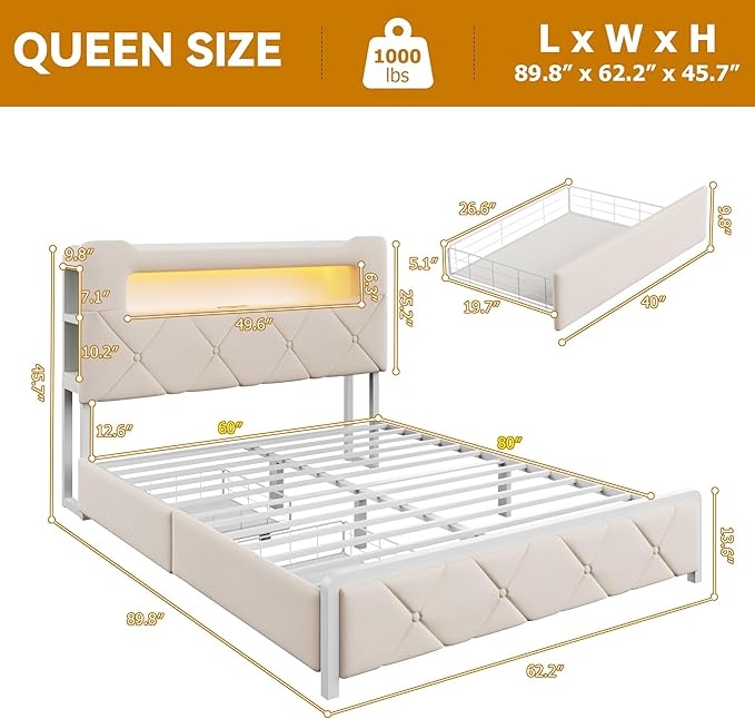 Queen Upholstered LED Bed Frame