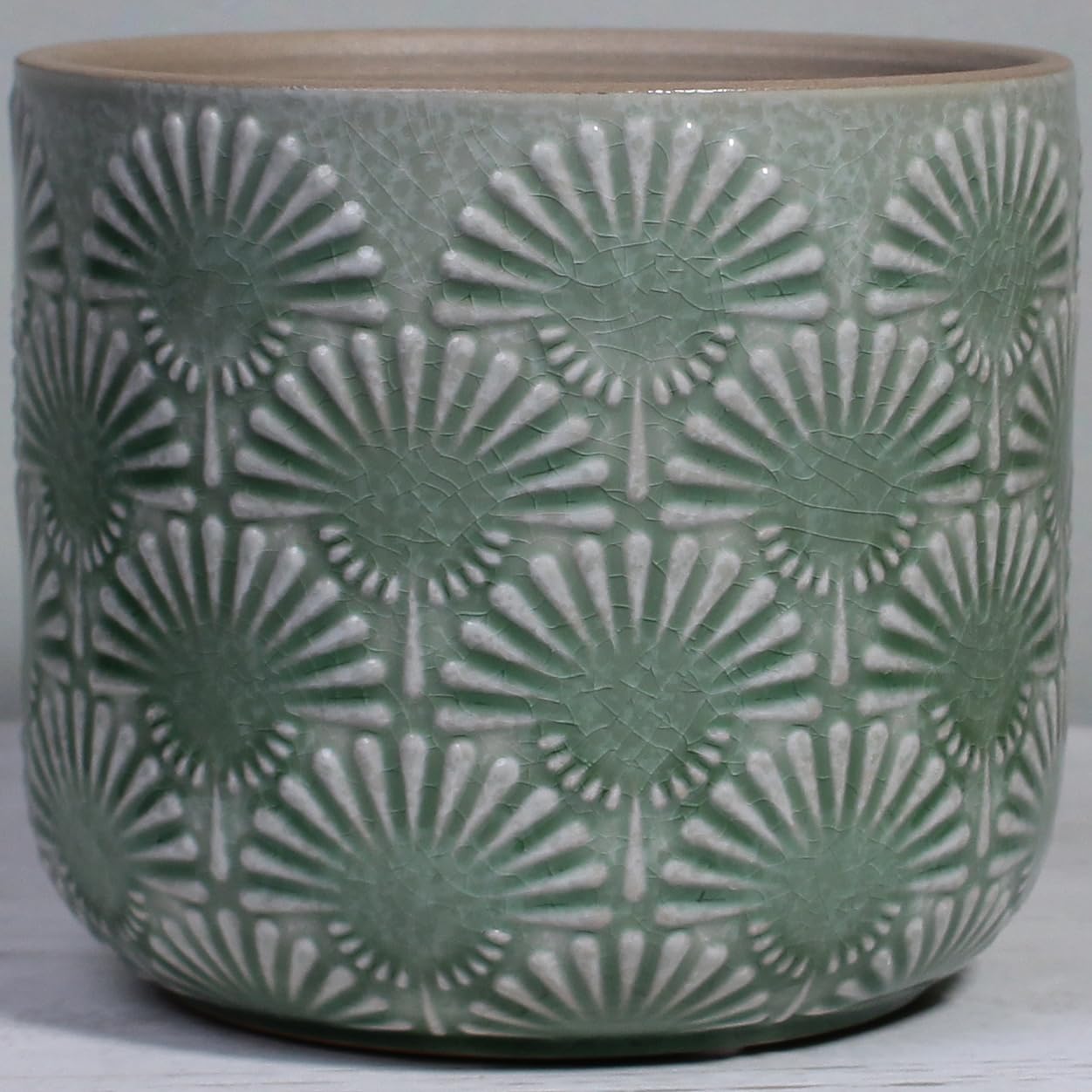 Xiaan Jiaju Boho Embossed Ceramic Flower Pot, 6.7 Inch Contemporary Pots for Indoor Plants, Scandinavian Decorative Glazed Planter with Fan Pattern, Mint Green