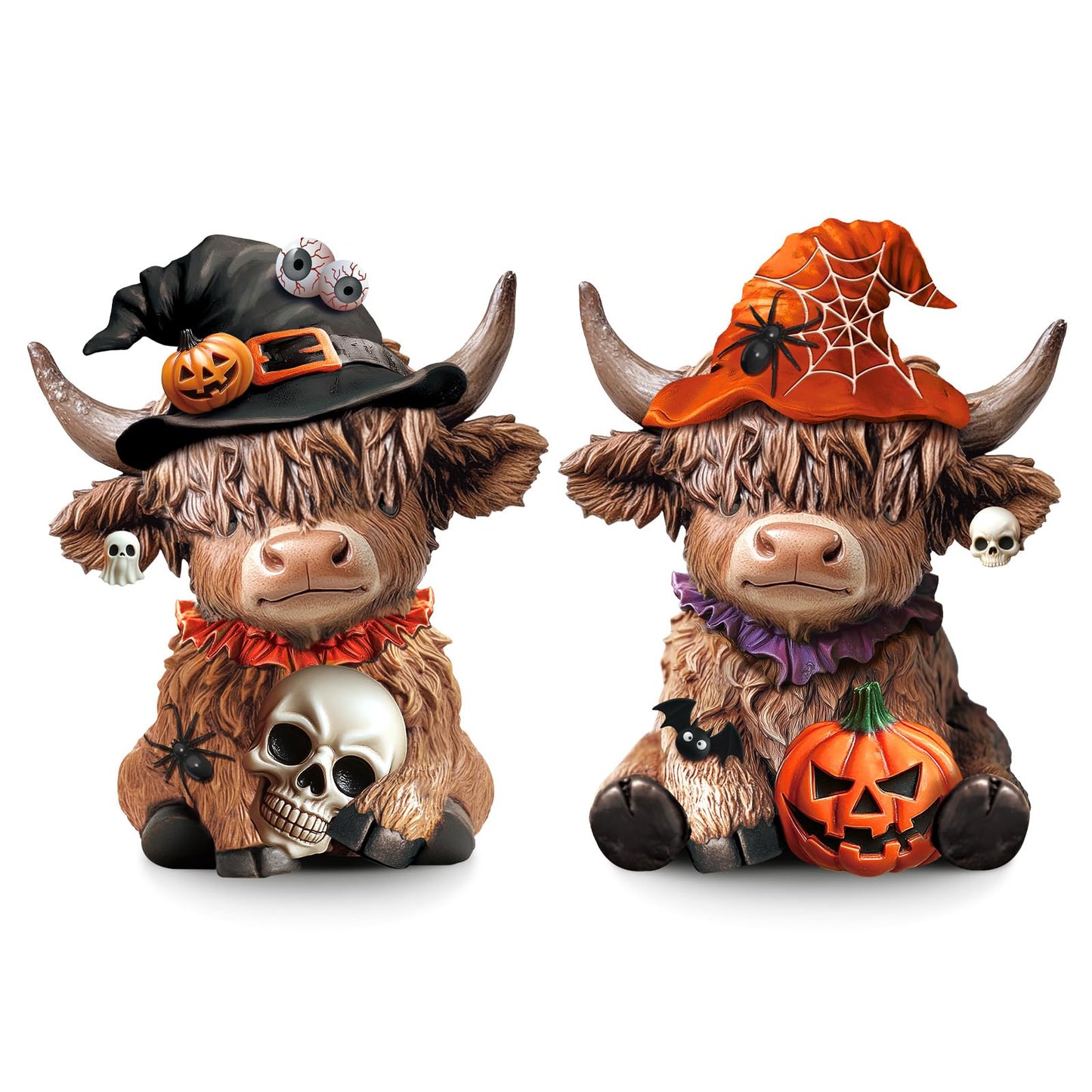 Karenhi 2 Pcs Highland Cow Figurines Halloween Pumpkin Skull Spider Highland Cow Gnomes Scottish Resin Statue Calf Lovers Gifts for Halloween Home Garden Kitchen Office Tiered Tray Table Decor