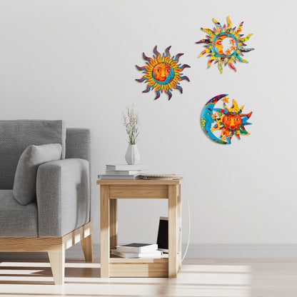 dreamskip 3 Pack Sun and Moon Wall Decor, Hanging Sun Moon & Stars Metal Wall Art, Sun Face Outdoor Wall Decor for Garden Fence Patio Yard Living Room Bedroom Decorations