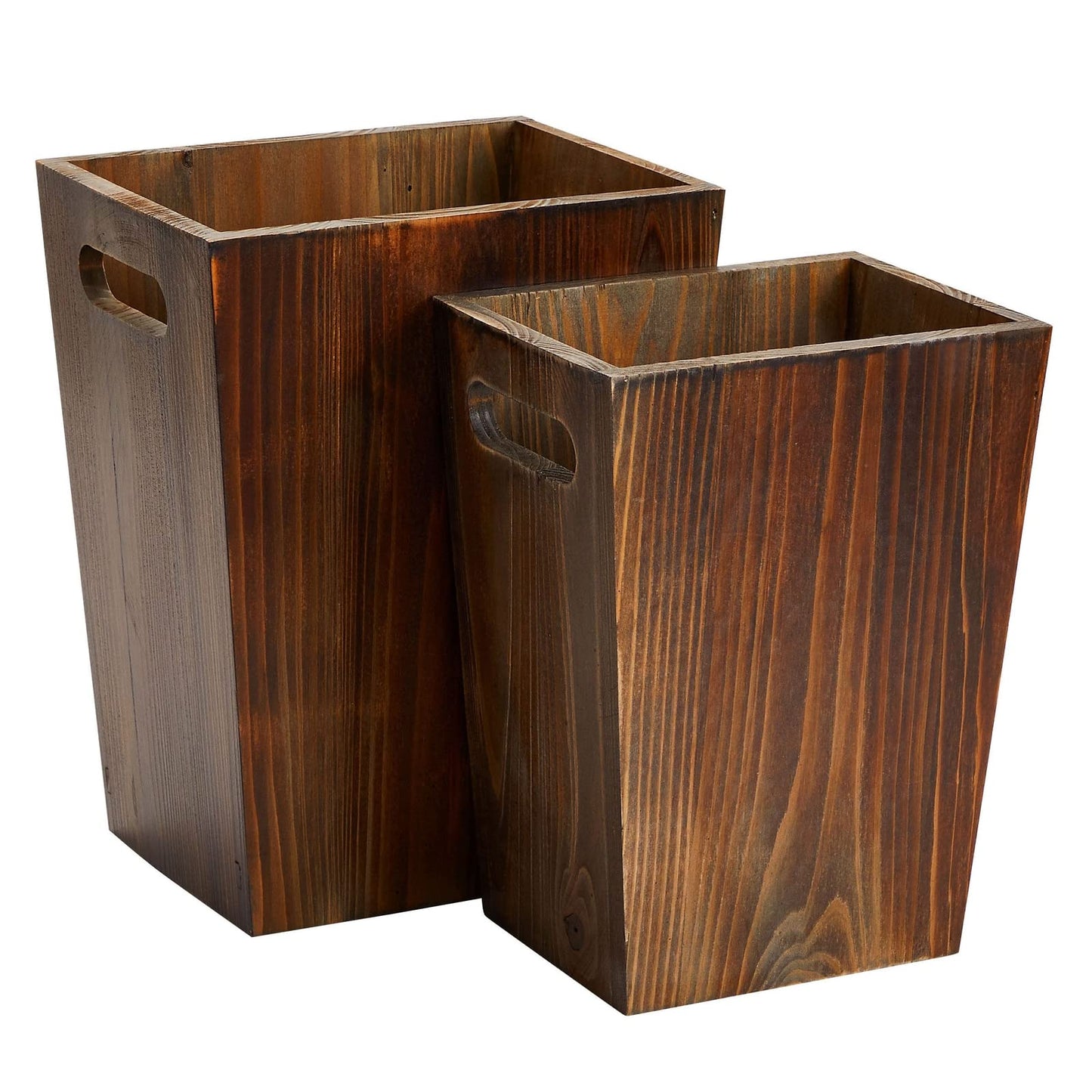 Farmlyn Creek 2 Piece Rustic Style Wood Trash Can Set - Farmhouse Square Wastebasket Bins with Handles for Home or Office (Brown, Small & Large) - Rustic Bathroom Trash Can Set