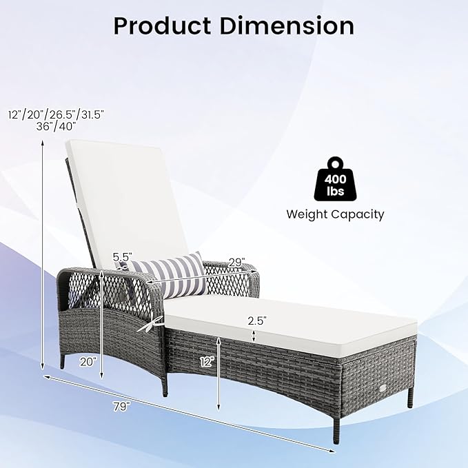 COSTWAY PE Rattan Chaise Lounge Chair, 6 Gear Adjustable Recliner