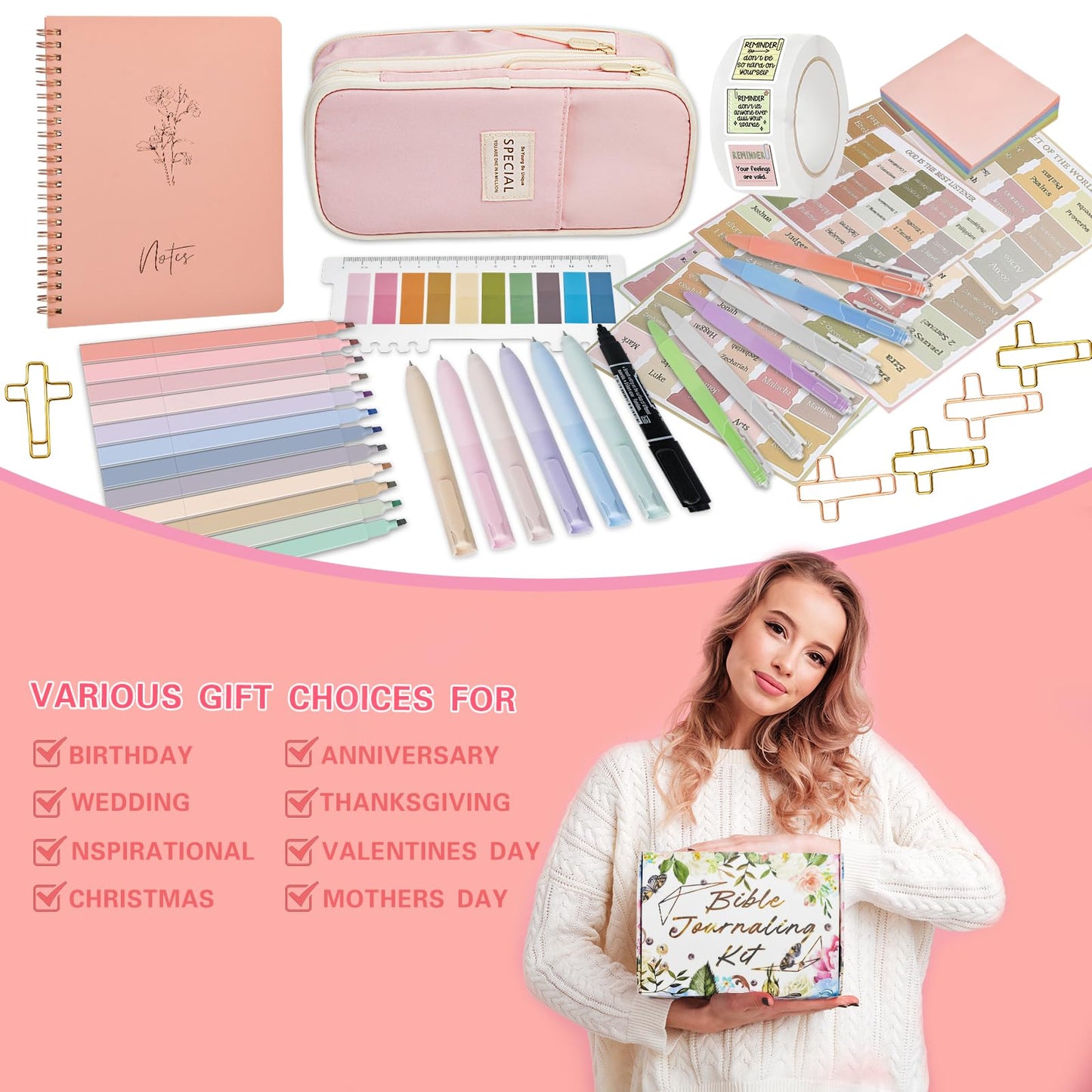 HRFGWDD Bible Study Supplies Kit for Women 96PCS Bible Journaling Kit with Bible Tabs for Women,Bible Highlighters and Pens, Bookmark, Journal, Bible Bag, Stationary Gift Set for Christian Girls