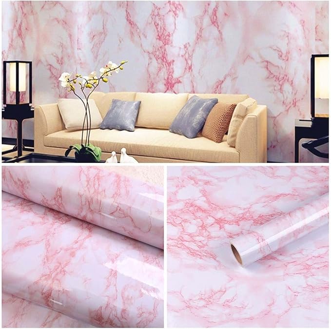 practicalWs 15.7 in × 118 in White Pink Marble Stick Paper Peel and Stick