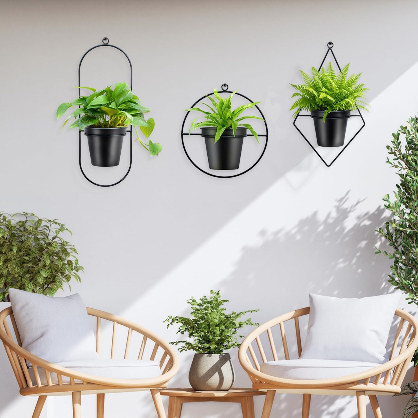 HemePaha Geometric Wall Planters for Indoor Plants Set of 3 Black Metal Wall Mounted Plant Holder (Diamond & Oval & Round Shapes) with 5 Inch Flower Pots, Modern Hanging Planters for Indoor Decor