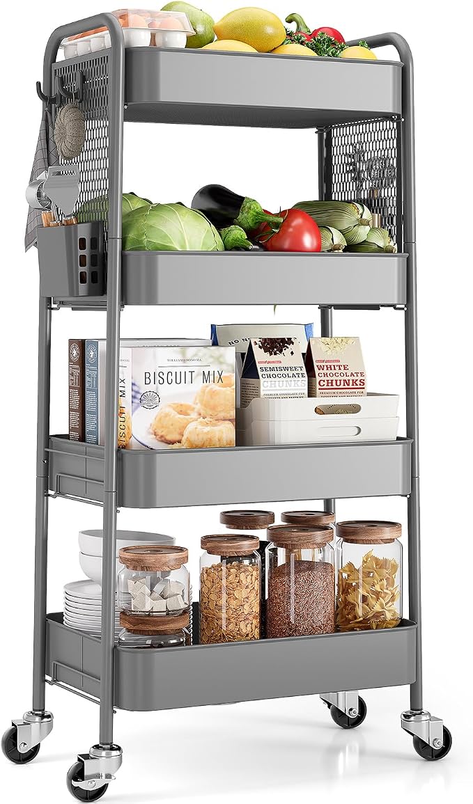 TOOLF 4 Tier Rolling Cart with Pegboard, Metal Storage Organizer Cart with Wheels, Hooks & Bins Esthetician Craft Art Sturdy Storage for Bathroom, Kitchen, Office, Nursery Diaper