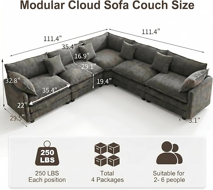 111.4" V-Shaped Corner Couch Sectional｜5 Seat Customizable Modular Cloud