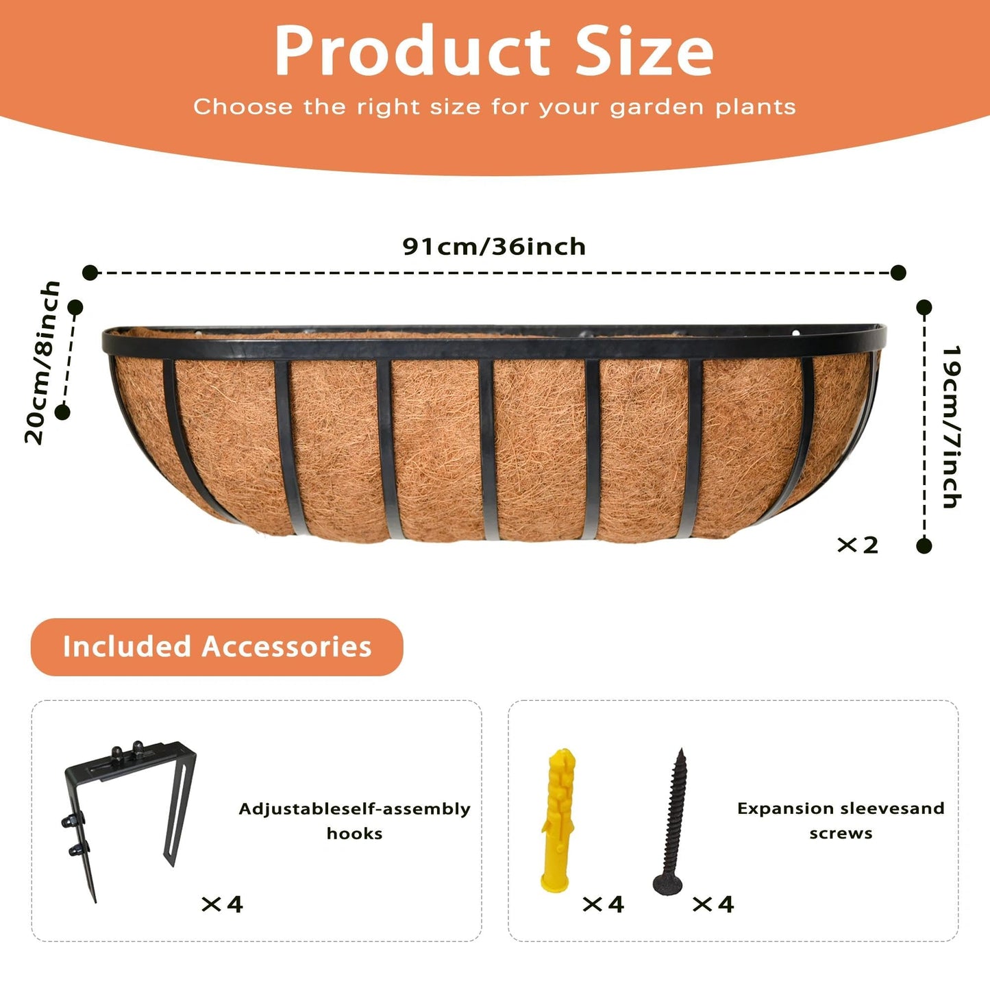 ZVOWOS 2 Pack 36" Railing Planter Window Box with Coco Fiber Liner Horse Trough Planter The Railing Planter Boxes for Deck Porch Fence Outdoor