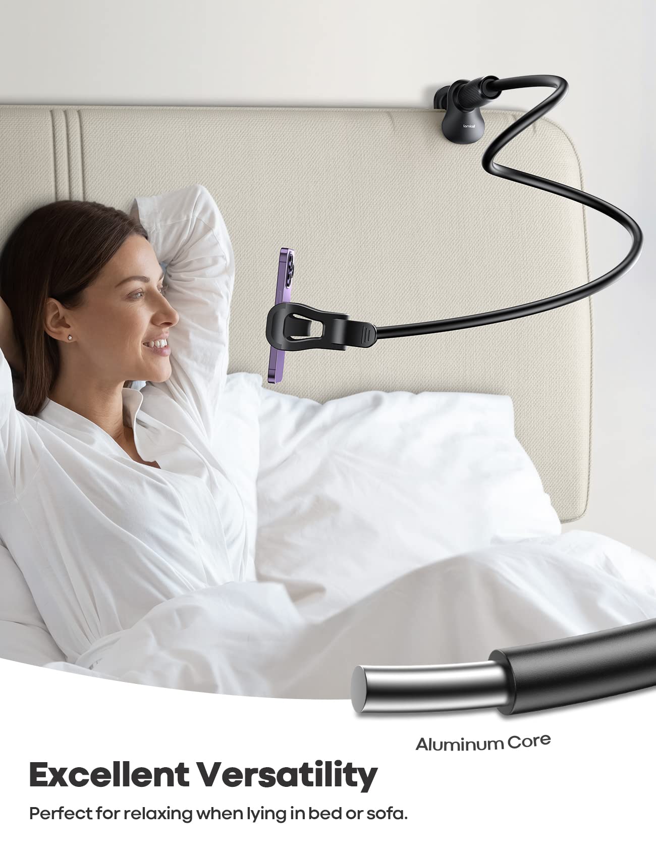 Lamicall Gooseneck Phone Holder for Bed - [Upgraded Stable Clip] for Desk, Headboard, Bed, Bedside, Table, Flexible Gooseneck Long Arm Stand, Overhead Cell Phone Clamp Mount, Gift for All 4-7” Device